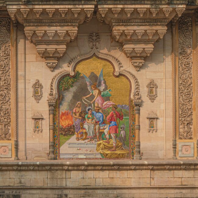 10. The famous gilded mural on the facade of the Lukshmi Vilas Palace-min